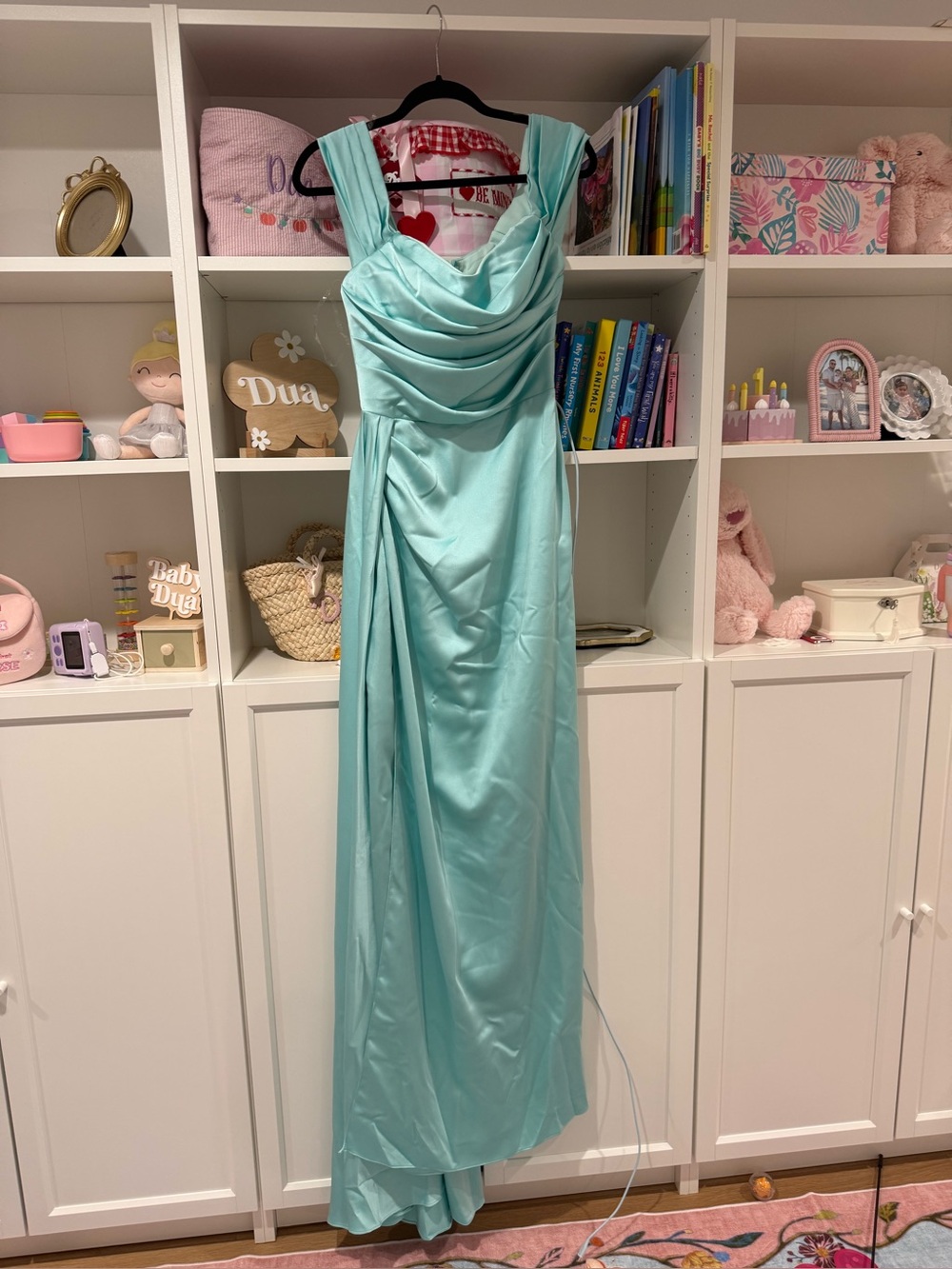 Brand New! Aqua Satin Cowl Neck Evening Gown